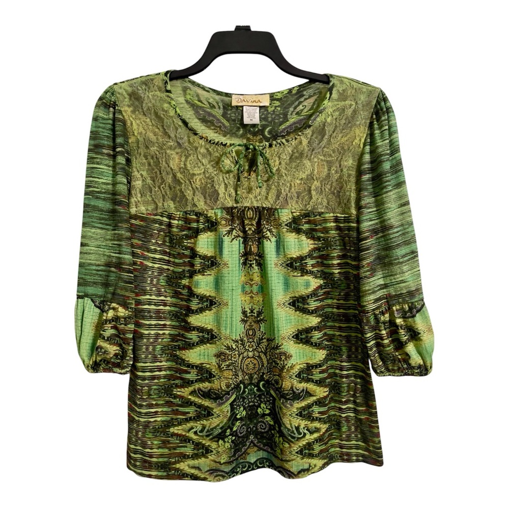 Y2K Boho Babydoll Top Size M Lace Smock Puff Sleeve Earthy Forest Fairy Grunge